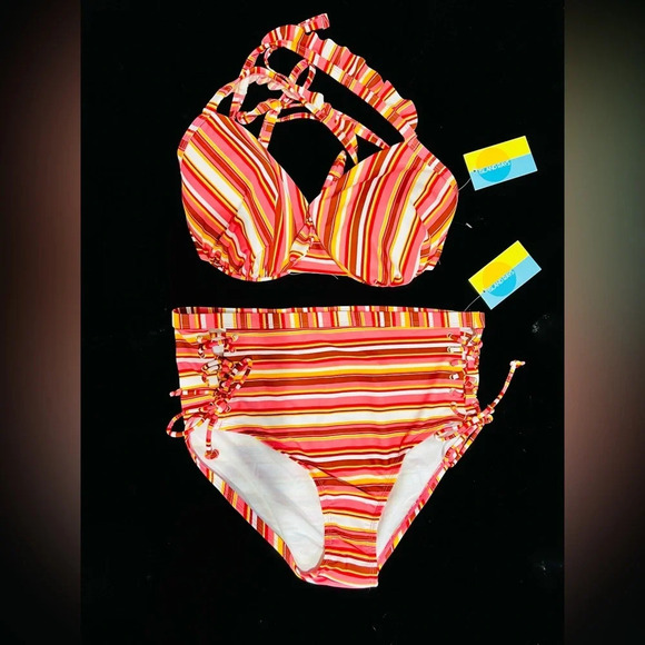 Island Rays NWT Ladies 1X Two Piece Bikini Set Striped Swimsuit Padded Top - Picture 1 of 16